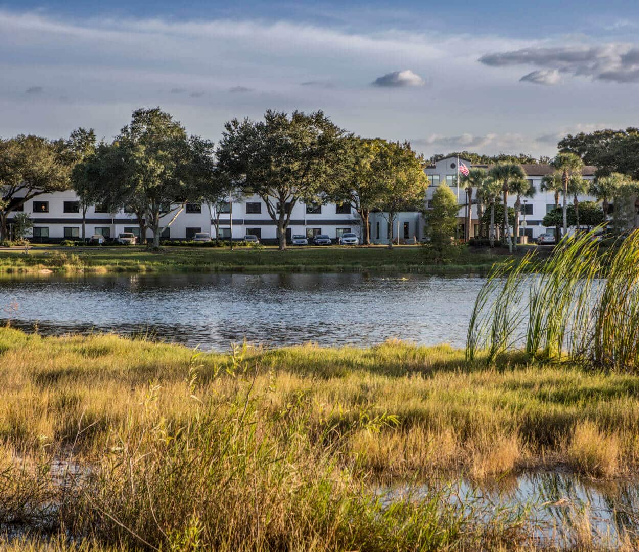 view of pond and Renaissance buildings