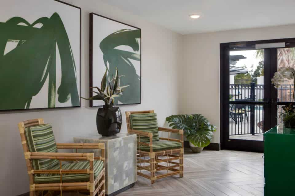 hallway seating with green bamboo chairs