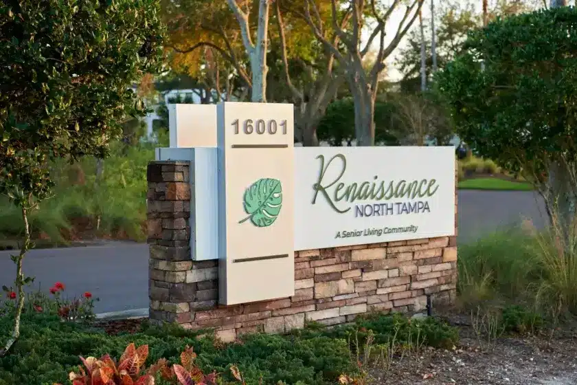 Renaissance monument sign at the entrance to the community grounds